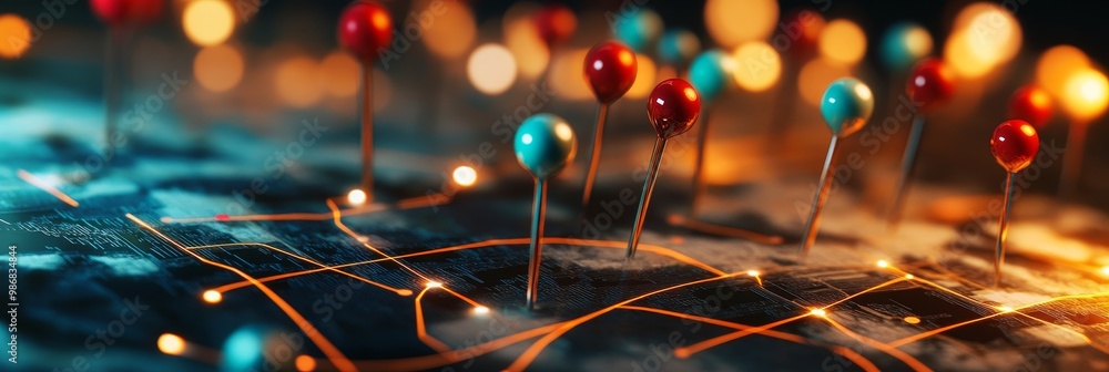 Poster a 3d illustration depicting a network of connections, symbolized by colorful pins placed on a map wi