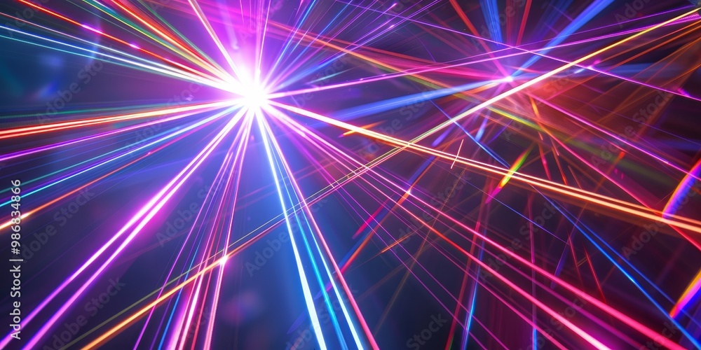Poster vibrant scene of colorful laser lights cutting through a dark space, creating dynamic patterns and r
