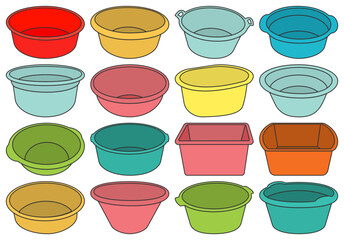 Set of simple plastic basin lineal color vector illustration, laundry basin, plastic wash isolated on white background