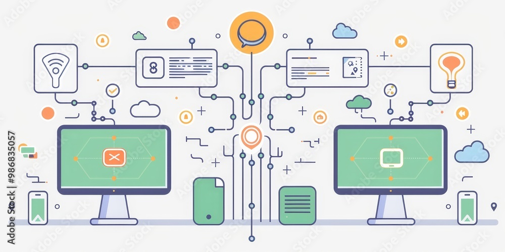 Aufkleber Illustration of seamless data exchange between two computers, depicted with direct connection lines and data flow icons, eliminating the need for intermediaries