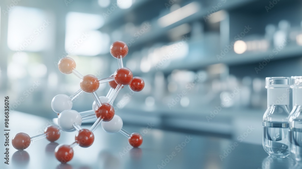 Poster vibrant molecular model in a biochemistry lab setting with laboratory equipment in the background