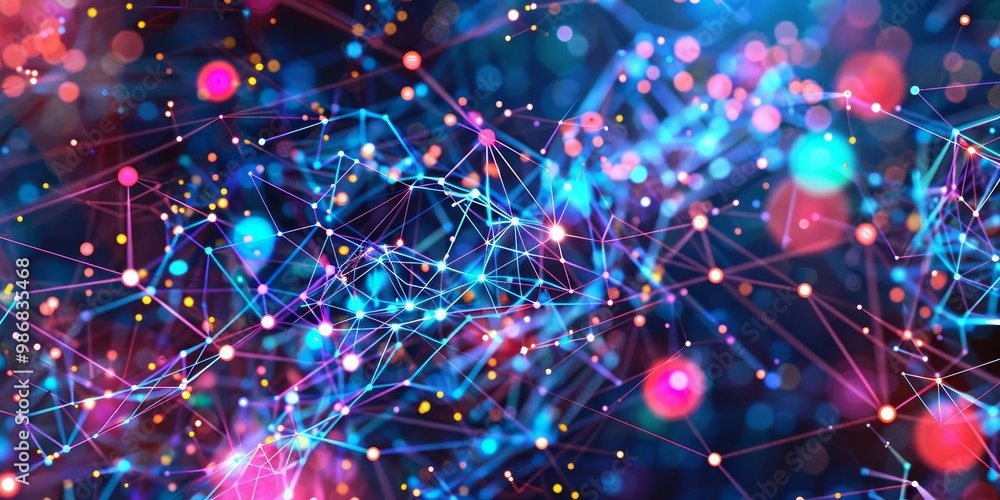 Poster intricate web of interconnected information nodes, featuring complex data flow and digital connectio