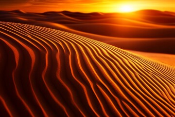 Naklejka premium A breathtaking panoramic view of windswept sand dunes bathed in the golden glow of sunset, evoking a sense of tranquility and vastness. The rippling patterns of the sand create a mesmerizing display o