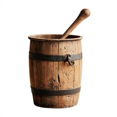Wooden barrel with pestle, white isolate background