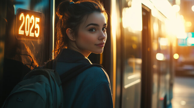 Uma linda mulher  cheia de esperan&ccedil;a pronta para embarcar no &ocirc;nibus que leva para o Ano Novo de  2025, representando esperan&ccedil;a e confian&ccedil;a no futuro para o Feliz Ano Novo