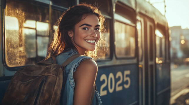 Uma linda mulher  cheia de esperan&ccedil;a pronta para embarcar no &ocirc;nibus que leva para o Ano Novo de  2025, representando esperan&ccedil;a e confian&ccedil;a no futuro para o Feliz Ano Novo