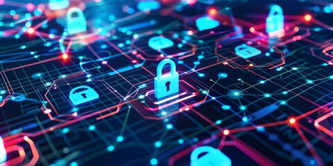 Fototapeta premium A detailed network security diagram showcasing multiple layers of protection with firewalls, encryption, and secure connections to safeguard digital data and infrastructure