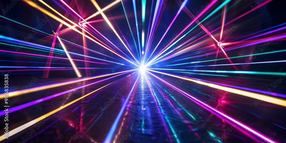 Poster vibrant scene of colorful laser lights cutting through a dark space, creating dynamic patterns and r