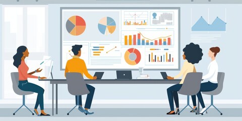 Fototapeta premium A conference room with diverse team members presenting charts and graphs, with intense focus and collaboration, highlighting a high-stakes business presentation