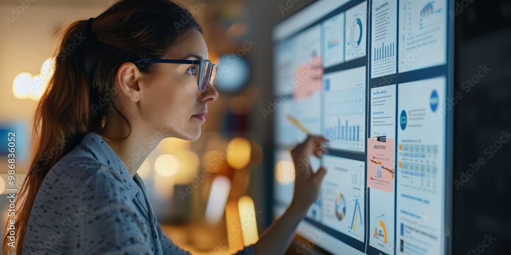 Aufkleber UX designer analyzing user feedback on a computer screen, with a focus on design elements and usability metrics displayed, demonstrating a user-centered design approach