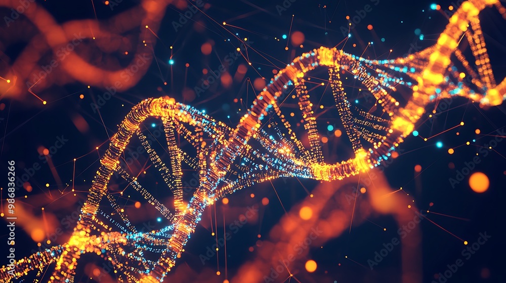 Aufkleber a glowing dna helix, made of particles, against a dark background with a network of connections.