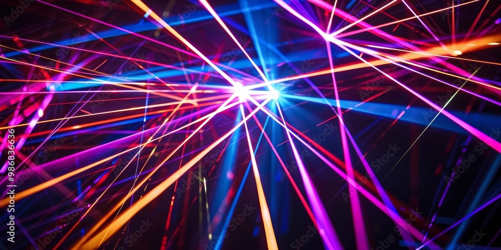 Poster vibrant scene of colorful laser lights cutting through a dark space, creating dynamic patterns and r