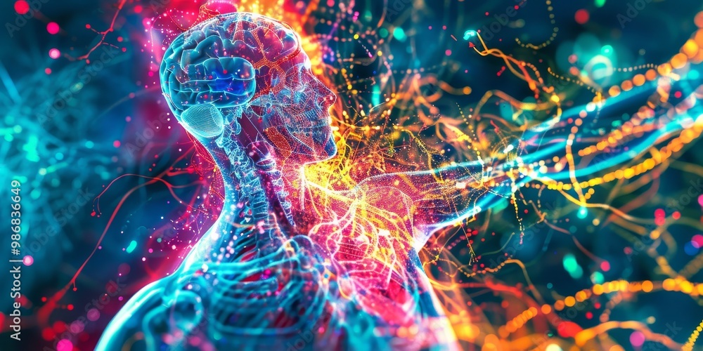 Poster Bright and intricate PET scan with a spectrum of colors representing metabolic activity in the body, perfect for educational and healthcare-related imagery