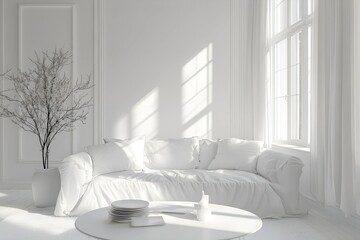 Photo Cozy white living room interior, home mockup, 3d render