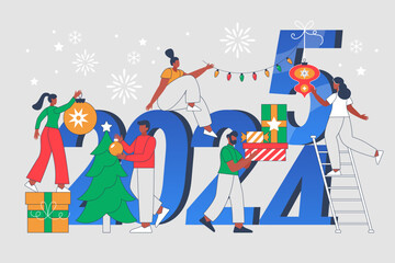 New Year 2025 holiday celebration concept.  Modern vector illustration of people decorating for Christmas and New Year party