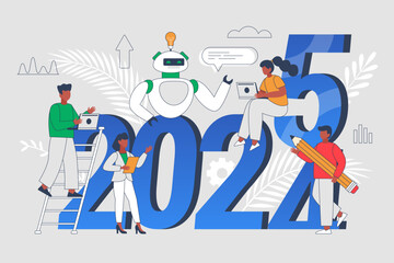 New Year 2025 trends, plans and growth business concept.  Modern vector illustration of people analyzing trends and using AI technology