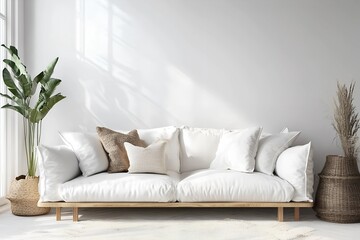 Photo Cozy white living room interior, home mockup, 3d render