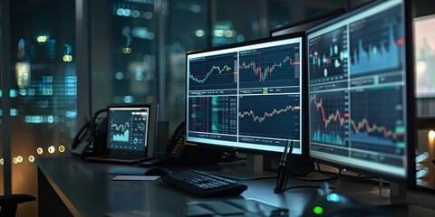 A professional workspace with open portfolio reports, graphs, and charts, illustrating detailed analysis and evaluation of investment portfolios and asset performance