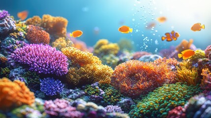 Naklejka premium Vibrant Coral Reef with Colorful Fish and Sunbeams