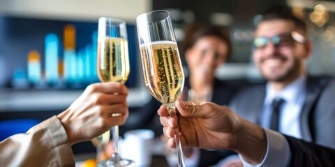 Business team toasting with champagne in a sleek conference room, with visual displays of sales growth and milestones achieved, symbolizing business success