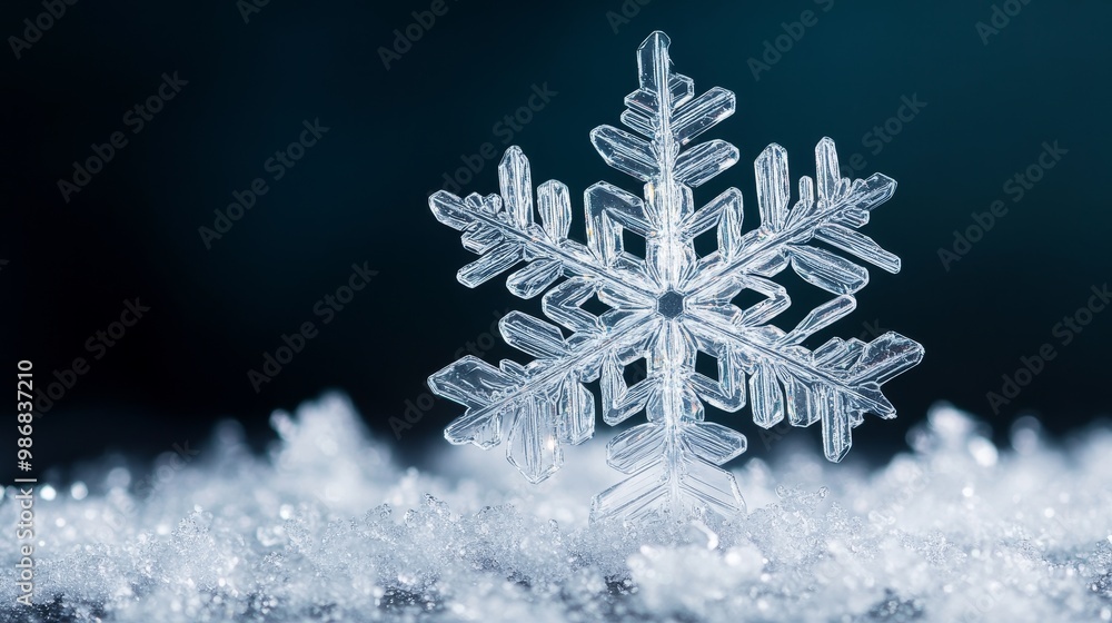 Poster a close-up image of a delicate snowflake resting on a snowy surface, highlighting its intricate deta