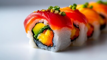 A close-up of a delicious sushi roll featuring fresh tuna, avocado, and a spicy kick. The roll is perfectly prepared with a rice base and a generous amount of toppings.