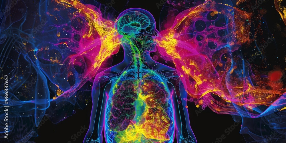 Poster Colorful PET scan image with dynamic heatmaps illustrating different areas of physiological activity, ideal for use in medical research and health education