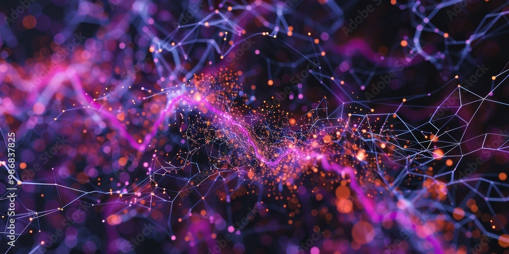 Poster sophisticated graphical representation of a complex web of information, with detailed digital nodes 