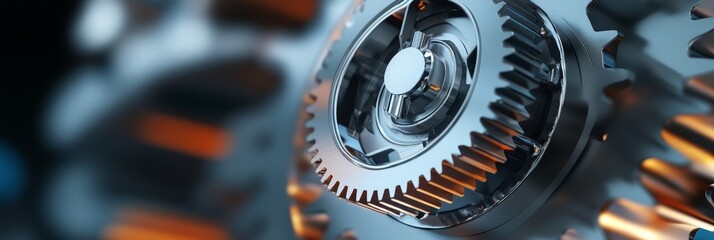 A close-up shot of a metallic gear, showcasing the intricate details of its design. The gear represents precision engineering, complex machinery, and the seamless integration of moving parts.