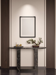 3d render wall frame in cozy luxury wooden interior room