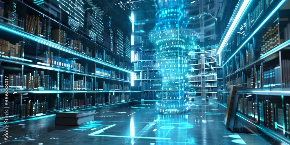 Poster virtual library with floating digital books and interactive elements, surrounded by a clean, modern 