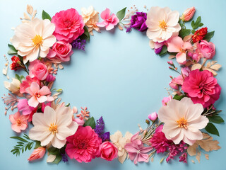 An elegant oval-shaped floral arrangement on a blue background with roses and peonies in various colors