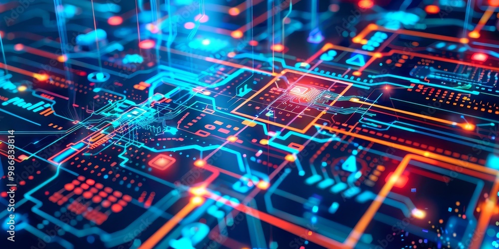 Poster high-tech image showing a complex web of information with detailed digital nodes and interconnected 