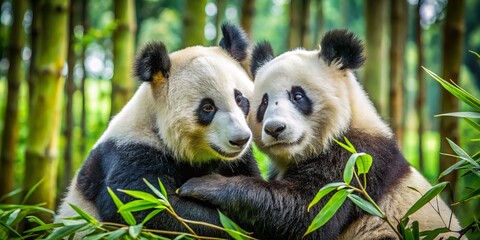 Fototapeta premium Two black and white bears cuddling in a bamboo forest, with a green background.