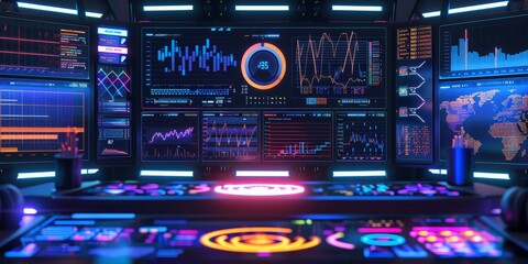 Futuristic digital dashboard displaying colorful charts, analytics, and KPIs, with a professional workspace in the background, highlighting advanced data management tools