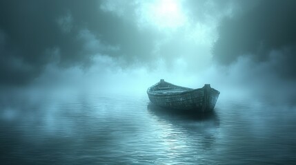 Obraz premium Lonely Rowboat in Foggy Lake at Dusk