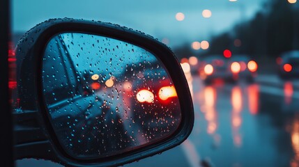 Rain falling on a car's windshield or window, with a foggy road in the distance. Driving during the wet season. Drops of rain on the rearview mirror. nighttime rain on a busy road.