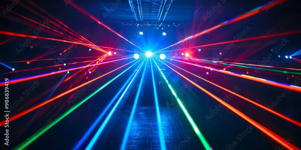 Poster dynamic and colorful laser light show with beams of red, blue, and green creating mesmerizing patter