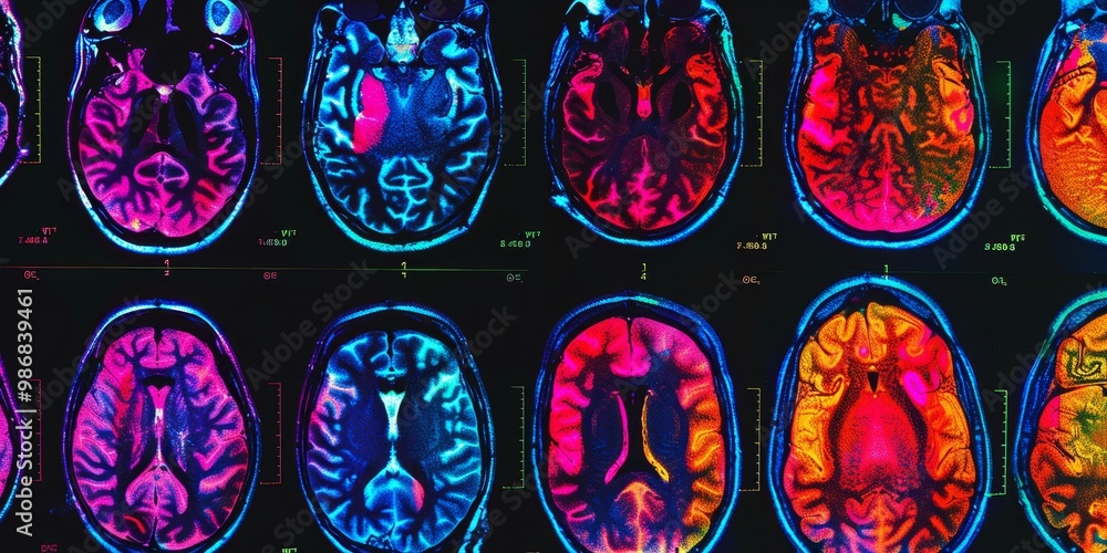 Poster Vibrant and detailed PET scan displaying a range of colors indicating various levels of activity, suitable for scientific, medical, and educational contexts