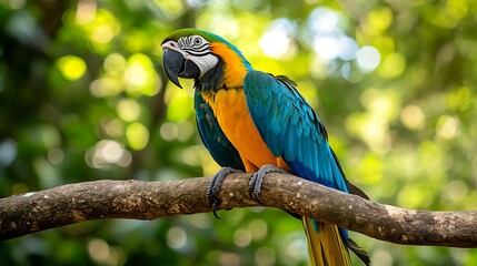 Obraz premium Blue-and-yellow macaw parrot perched on a tree branch in nature