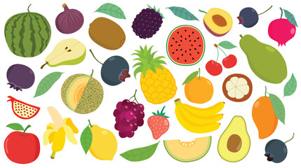 Hand drawn cute colorful fruits with cartoon style isolated on white background.