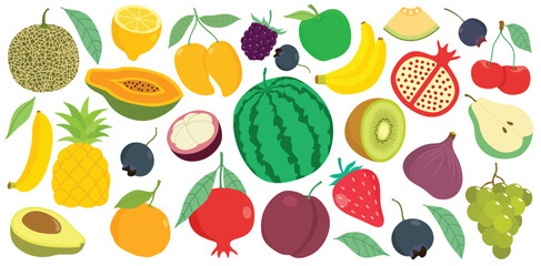 Hand drawn cute colorful fruits with cartoon style isolated on white background.