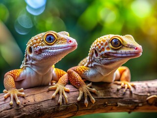 Obraz premium Two gecko lizards sit serenely on a weathered branch, their scaly bodies glistening in the soft light, while