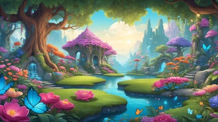 Fototapeta premium Enchanted Garden in Full Bloom Cartoon Background Design
