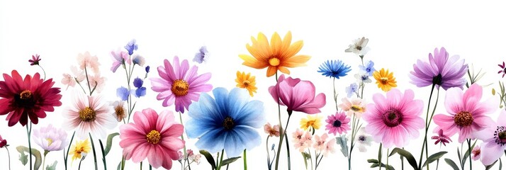 A delicate watercolor illustration of various wildflowers in a meadow, symbolizing beauty, nature, growth, vibrancy, and tranquility.