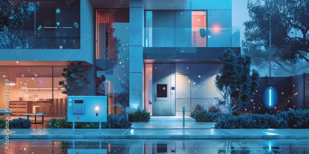 Aufkleber a futuristic smart home exterior with interconnected security cameras, smart locks, and motion senso