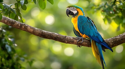 Macaw parrot with vibrant feathers sitting on branch against green foliage