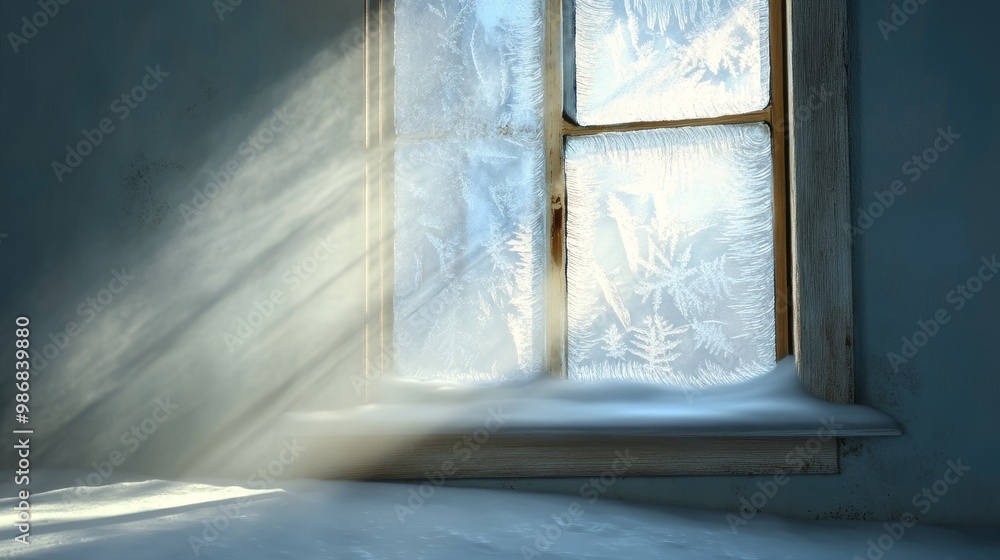 Poster a digital painting of sunlight streaming through a frosty windowpane, creating a warm and inviting a