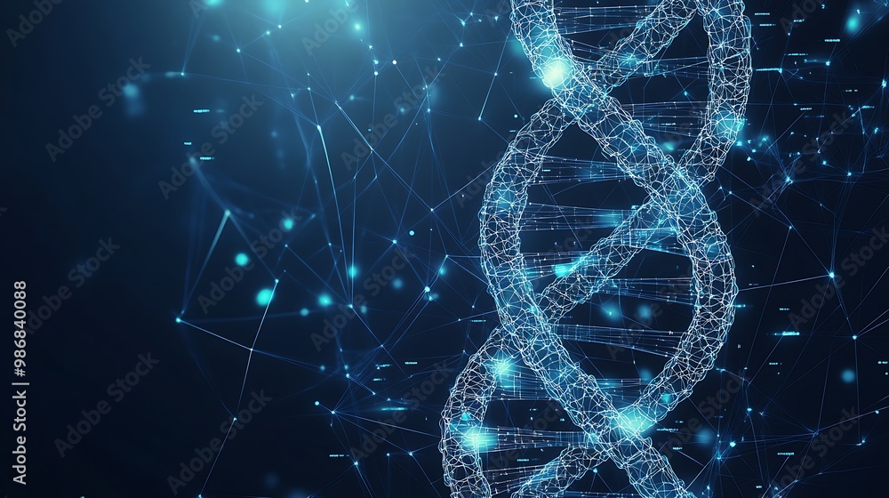 Poster Abstract digital representation of a DNA helix with glowing blue lines and dots on a dark blue background.