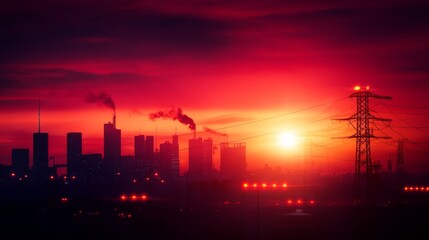 Naklejka premium A dramatic silhouette of a city skyline against a fiery red sunset, with emergency sirens flashing in the distance, symbolizing urban life, danger, warning, power, and hope.